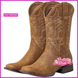 Square Toe Cowboy Boots Mid Calf Pull On Faux Leather Embroidery
